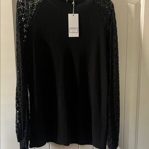 MIHOLL Women's Black Lace Sleeve Jersey Top